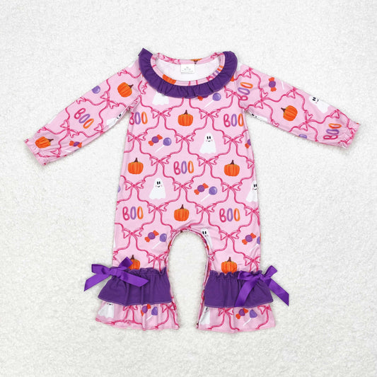 rts no moq LR1411 boo ghost pumpkin bow pattern purple lace pink long sleeve jumpsuit