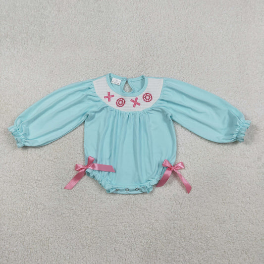 RTS NO MOQ（In Stock) LR2982 Valentine smocked Embroidered xoxo Blue Long-Sleeved Jumpsuit