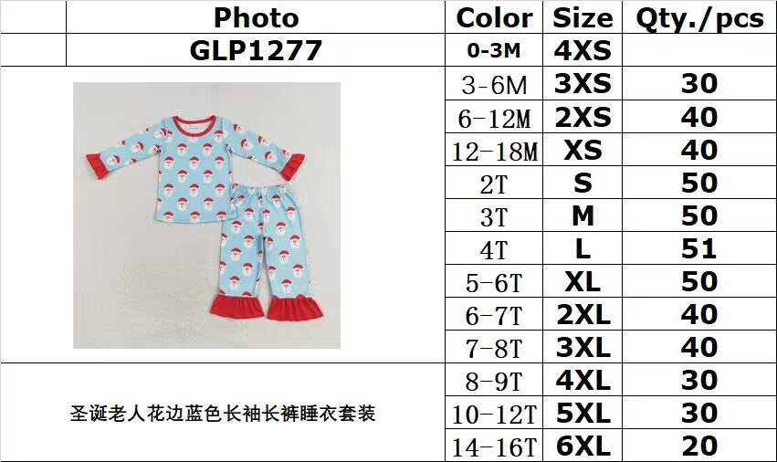 rts no moq GLP1277 Santa Claus Lace Blue Long Sleeve Long Pants Pajama Set