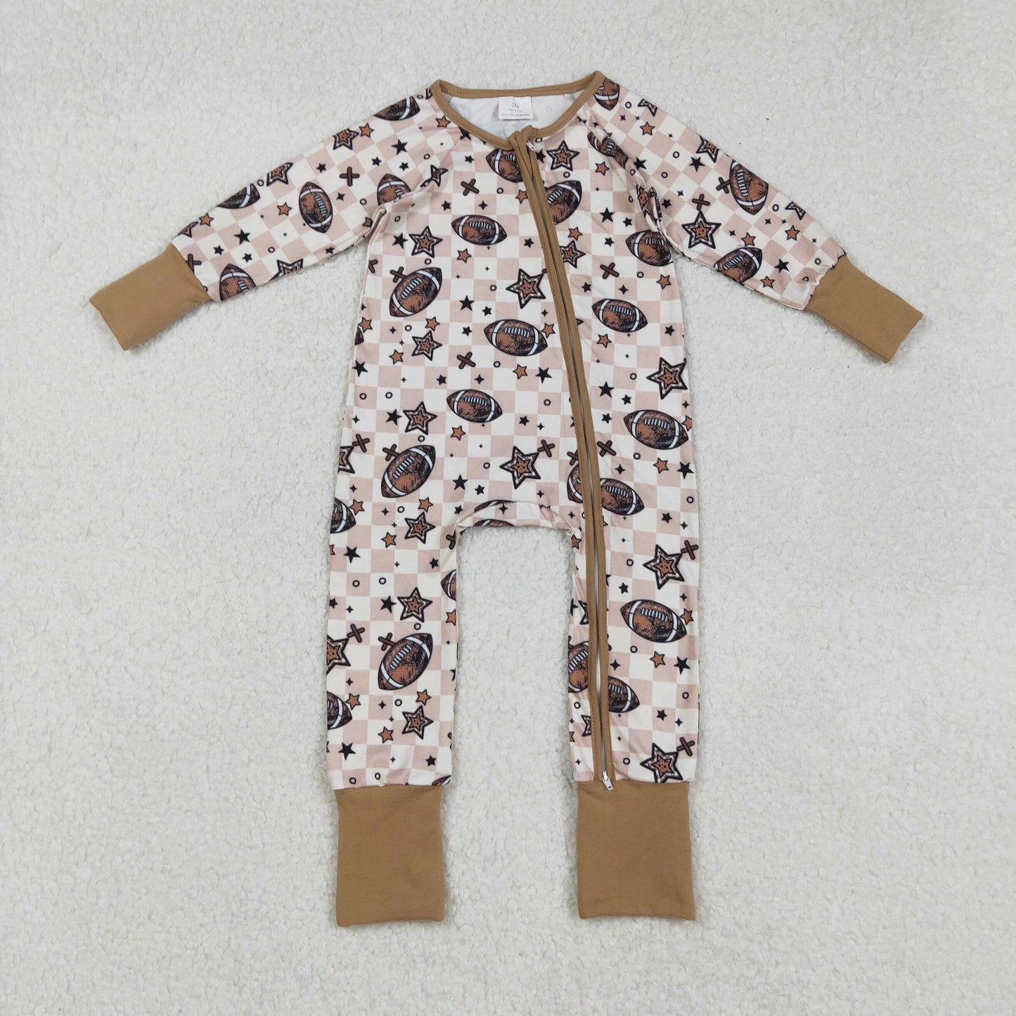 RTS NO MOQ（In Stock) LR2548 Football Star Brown Plaid Zipper Long-Sleeved Bodysuit