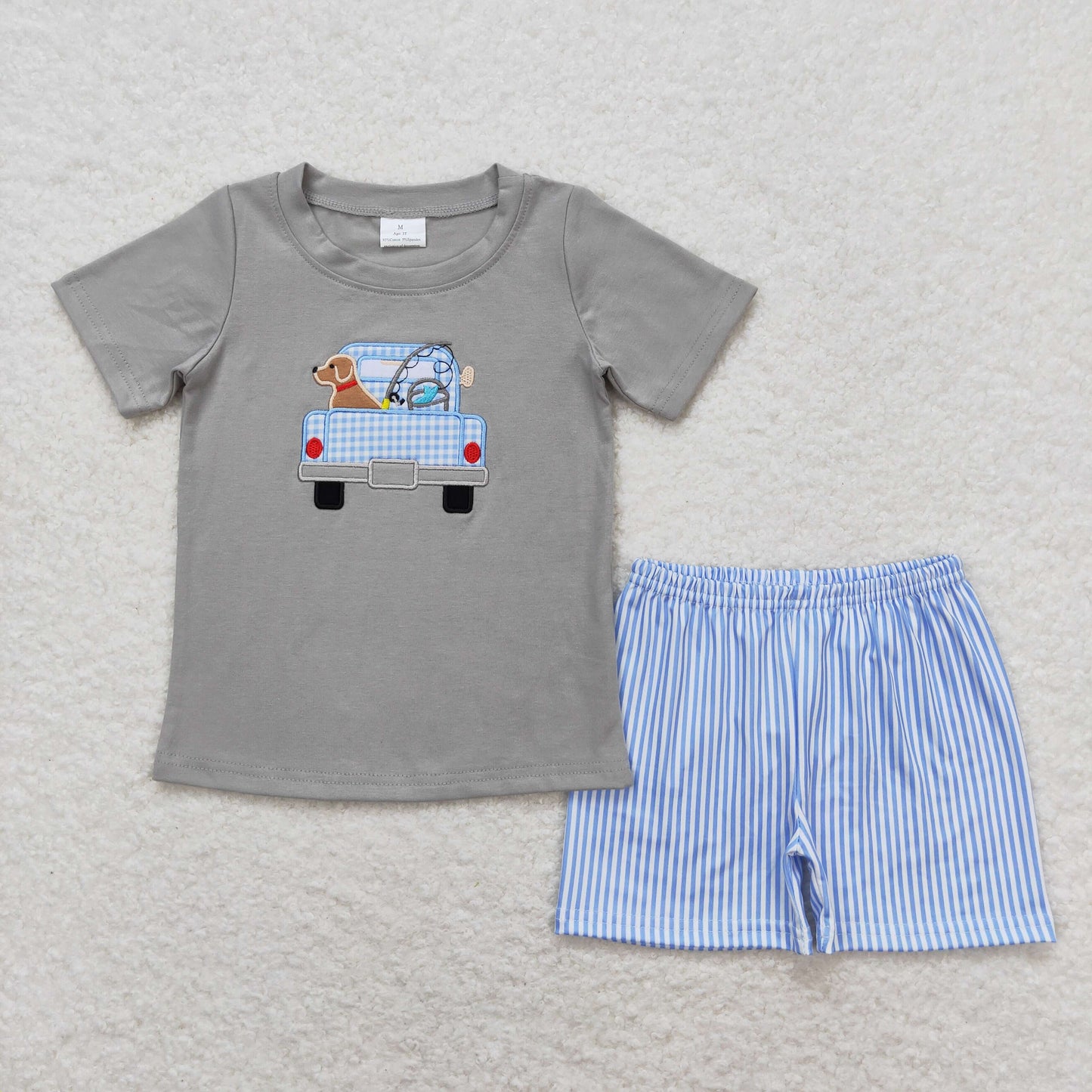 RTS NO MOQ（In Stock) Embroidery Fishing Puppy Truck Gray Short Sleeve Blue Striped Shorts Set