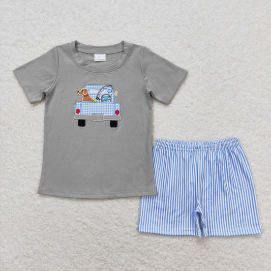 RTS NO MOQ（In Stock) Embroidery Fishing Puppy Truck Gray Short Sleeve Blue Striped Shorts Set