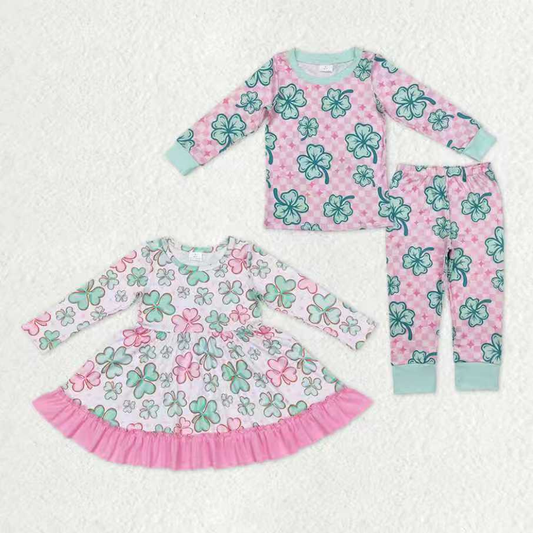 RTS NO MOQ Sibling baby Girls St. Patrick's Four Leaf Clover long Sleeve shirt pants clothing sets and dress