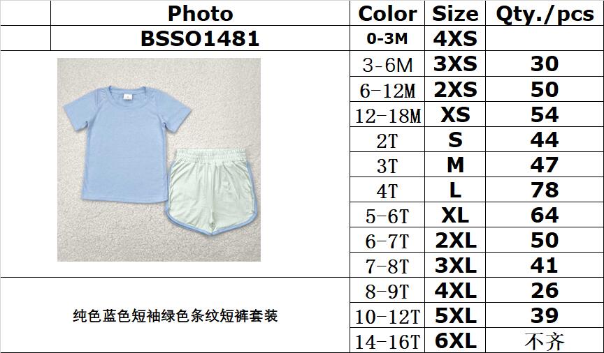 RTS NO MOQ BSSO1481 Pure blue short-sleeved green striped shorts set