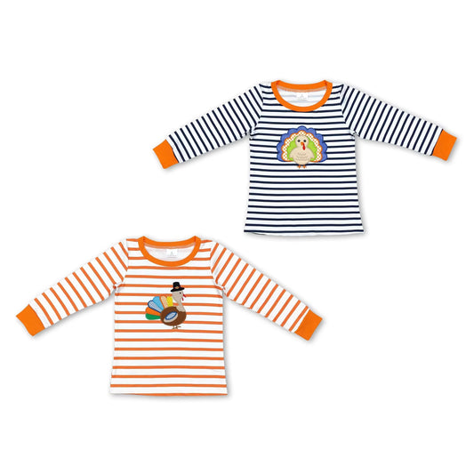 RTS NO MOQ Embroidered turkey pattern blue and white stripes & orange and white stripes long sleeve top