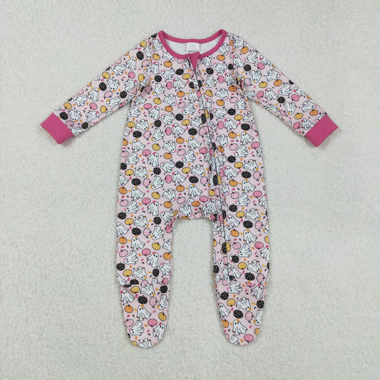 RTS NO MOQ（In Stock) LR2506 Ghostly pumpkin pink long-sleeved zippered bodysuit