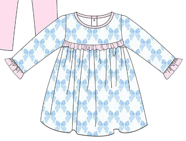 Custom moq 3 MIX SIZE eta 7/8week moq 5 eta /4/5week Sky blue bow print pattern pink pleated waist belt mixed set