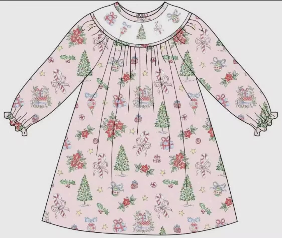 Custom moq 3 eta 7/8week moq 5 eta /4/5week Christmas tree-flowers-bow cane pink long-sleeved dress