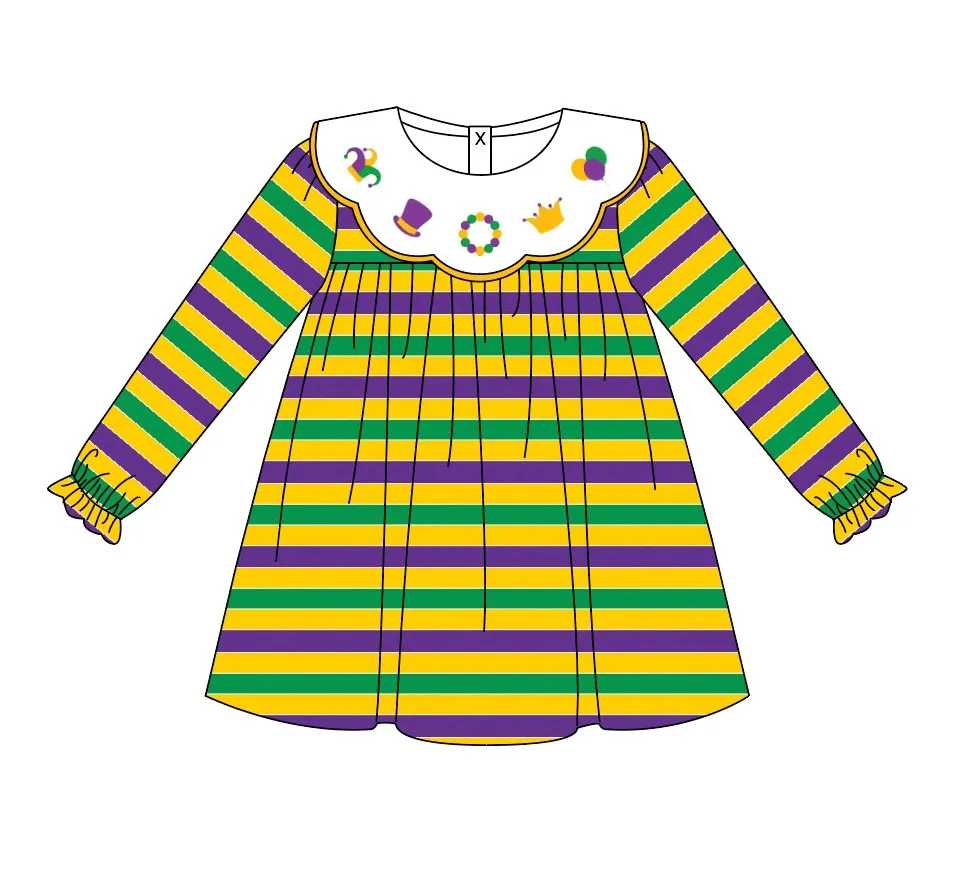 Custom moq 3 eta 7/8week moq 5 eta /4/5week Circus Petal Neckline Purple, Yellow and Green Striped Long Sleeve Dress