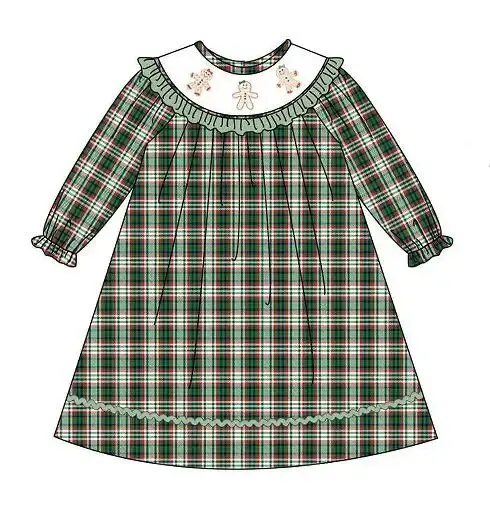 Custom moq 3 MIX SIZE eta 7/8week moq 5 eta /4/5week Biscuit Bear Print Green Irregular Plaid Long Sleeve Mixed Suit