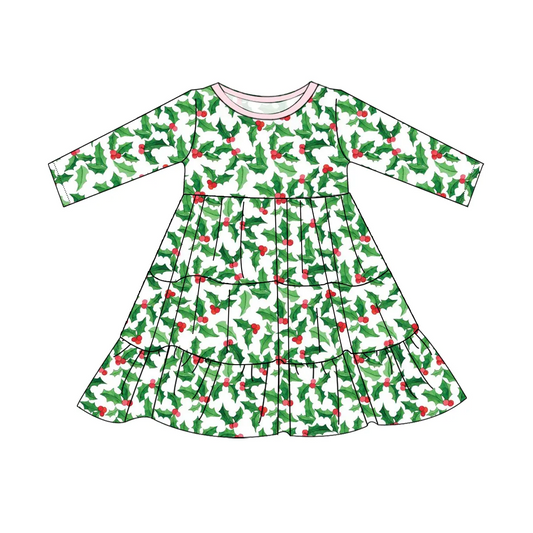 Custom moq 3 eta 6-8weeks Green Christmas Bow Tie Long Sleeve Dress