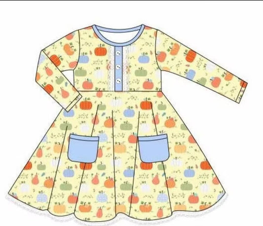 Custom moq 3 eta 7/8week moq 5 eta /4/5week  Pumpkin Pattern Yellow Button Pocket Long Sleeve Dress