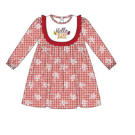 Custom moq 3 eta 7/8week moq 5 eta /4/5week White Dandelion Pattern Red Plaid Long Sleeve Dress