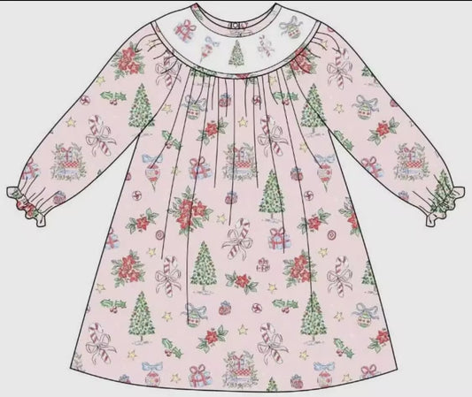 Custom moq 3 eta 7/8week moq 5 eta /4/5week Christmas tree-flowers-bow cane pink long-sleeved dress