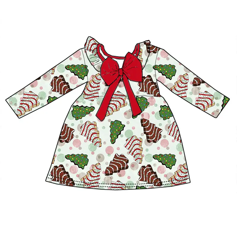 Custom moq 3 eta 7/8week moq 5 eta /4/5week Wooden striped Christmas tree red bow light green long-sleeved dress