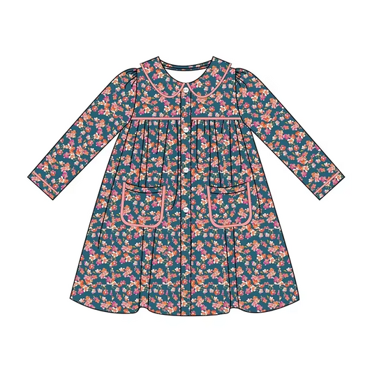 Custom moq 3 eta 7/8week moq 5 eta /4/5week Small floral button-down long-sleeved dress with doll collar