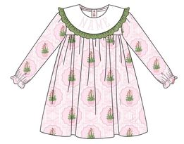 Custom moq 3 eta 7/8week moq 5 eta /4/5week Green flower basket pleated round neck pink long sleeve dress