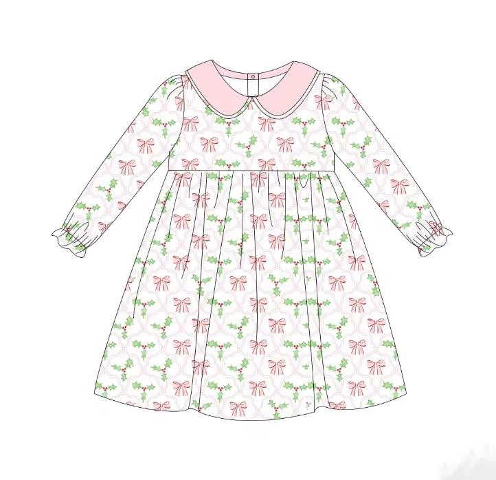 Custom moq 3 eta 7/8week moq 5 eta /4/5week Pink Bow & Green Christmas Bow Tie Pattern Baby Collar Long Sleeve Dress