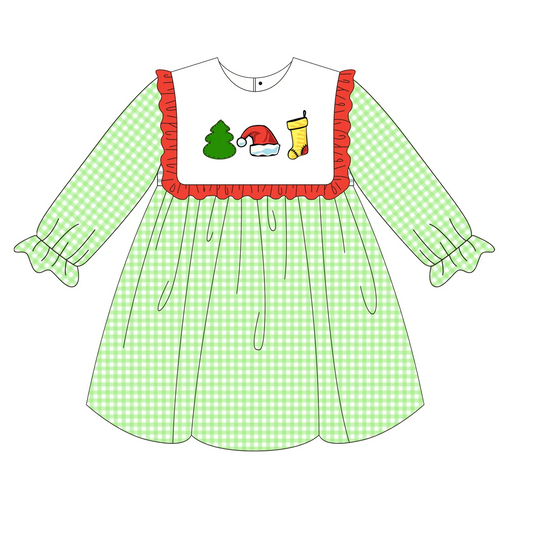 Custom moq 3 eta 7/8week moq 5 eta /4/5week Red ruffled square neck green plaid long sleeve dress