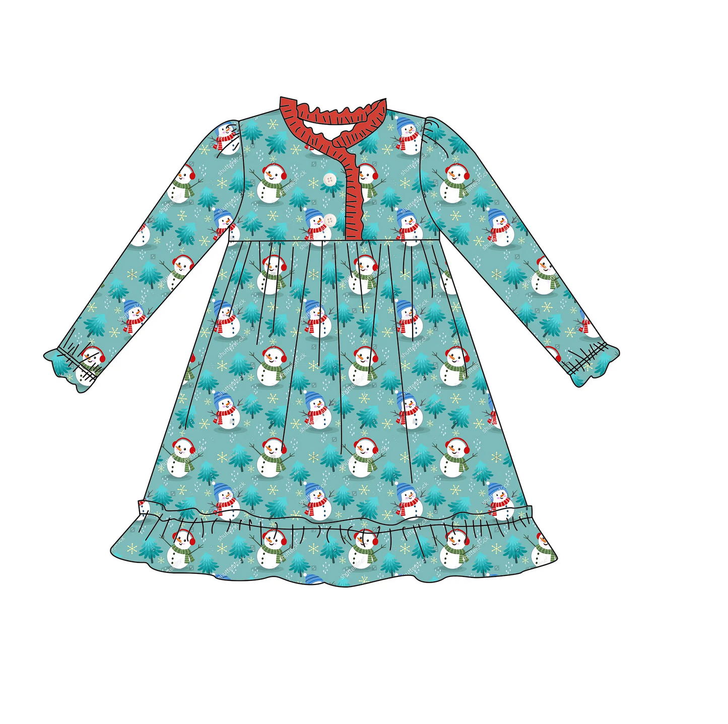 Custom moq 3 eta 7/8week moq 5 eta /4/5week Snowman-Trees Teal Long Sleeve Dress