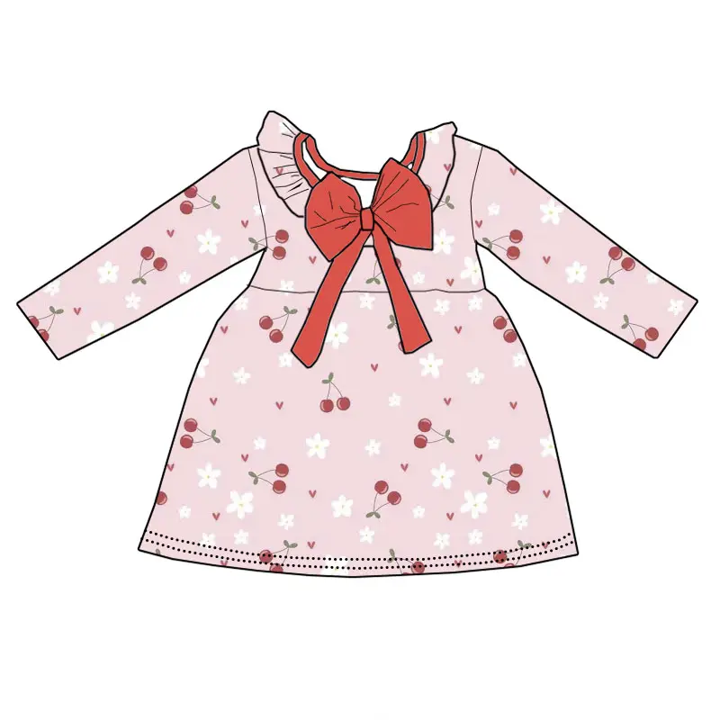 Custom moq 3 eta 7/8week moq 5 eta /4/5week Cherry-Flower Pattern Pink Bow Long Sleeve Dress