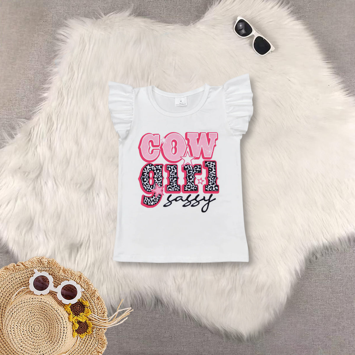 RTS NO MOQ Sibling baby girls clothes cow girl short sleeve top yoga shorts sets