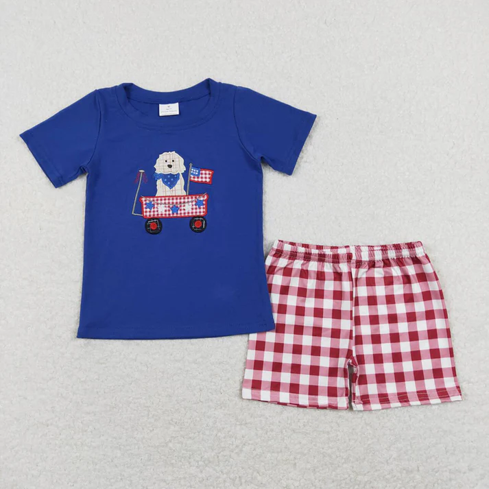 RTS NO MOQ baby boy Clothes 4th of july embroidery short sleeve shorts Sets