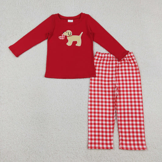 RTS NO MOQ（In Stock) BLP1397 Embroidered heart-shaped puppy red long-sleeved plaid trouser suit