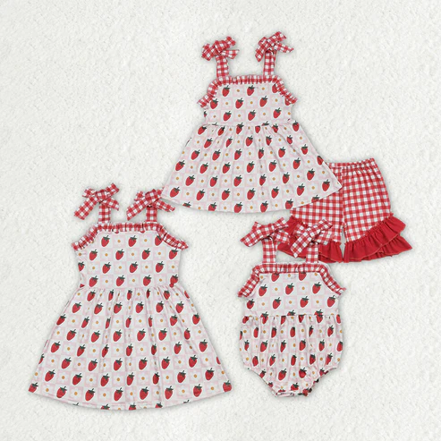 Baby Girls Strawberry Straps Sister Summer Sibling Clothes Sets