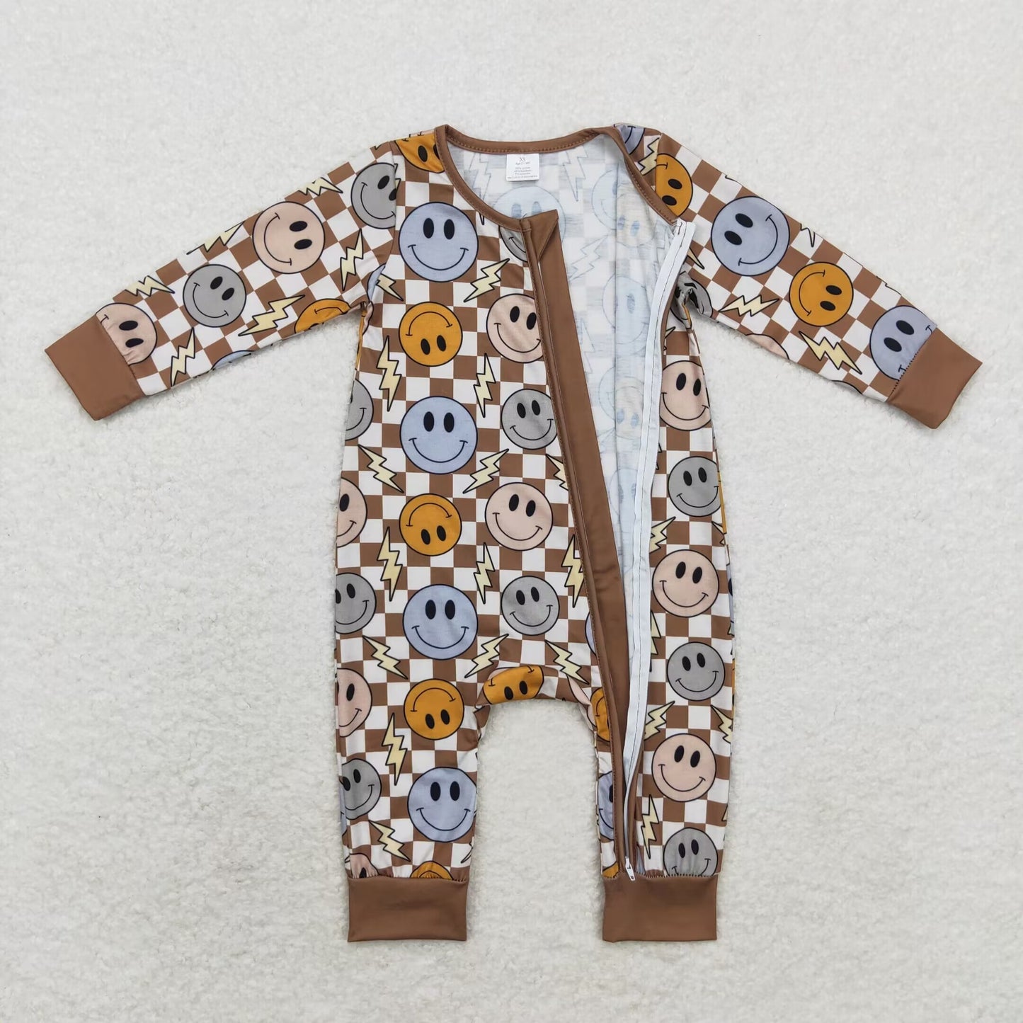 bamboo rts no moq LR0961 Modal smiley face lightning brown plaid zipper long-sleeved jumpsuit