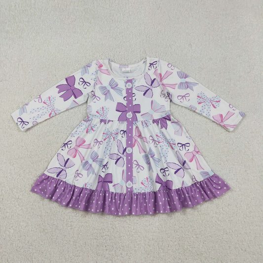 RTS NO MOQ（In Stock ) Purple Bow Pattern Polka Dot Lace Button Long-Sleeve Dress