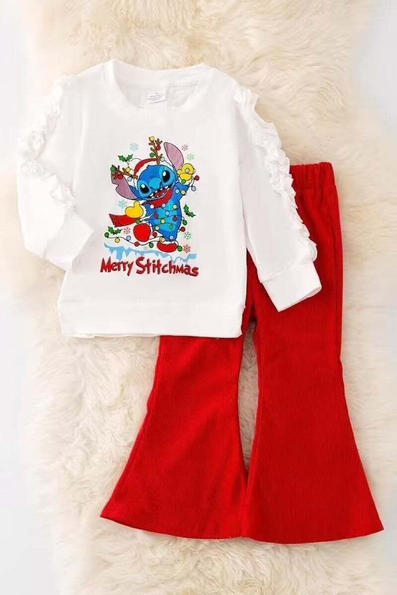 Deadline September 18 custom no moq eta 6-8weeks Blue Cartoon Character White Long Sleeve Top - Red Flared Pants Set