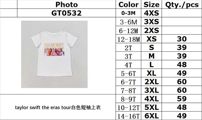 rts no moq GT0532 Taylor Swift the Eras Tour white short-sleeved top