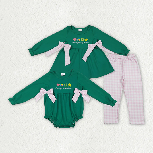 RTS NO MOQ Sibling Baby girl clothes embroidery green long-sleeved trousers suits and rompers