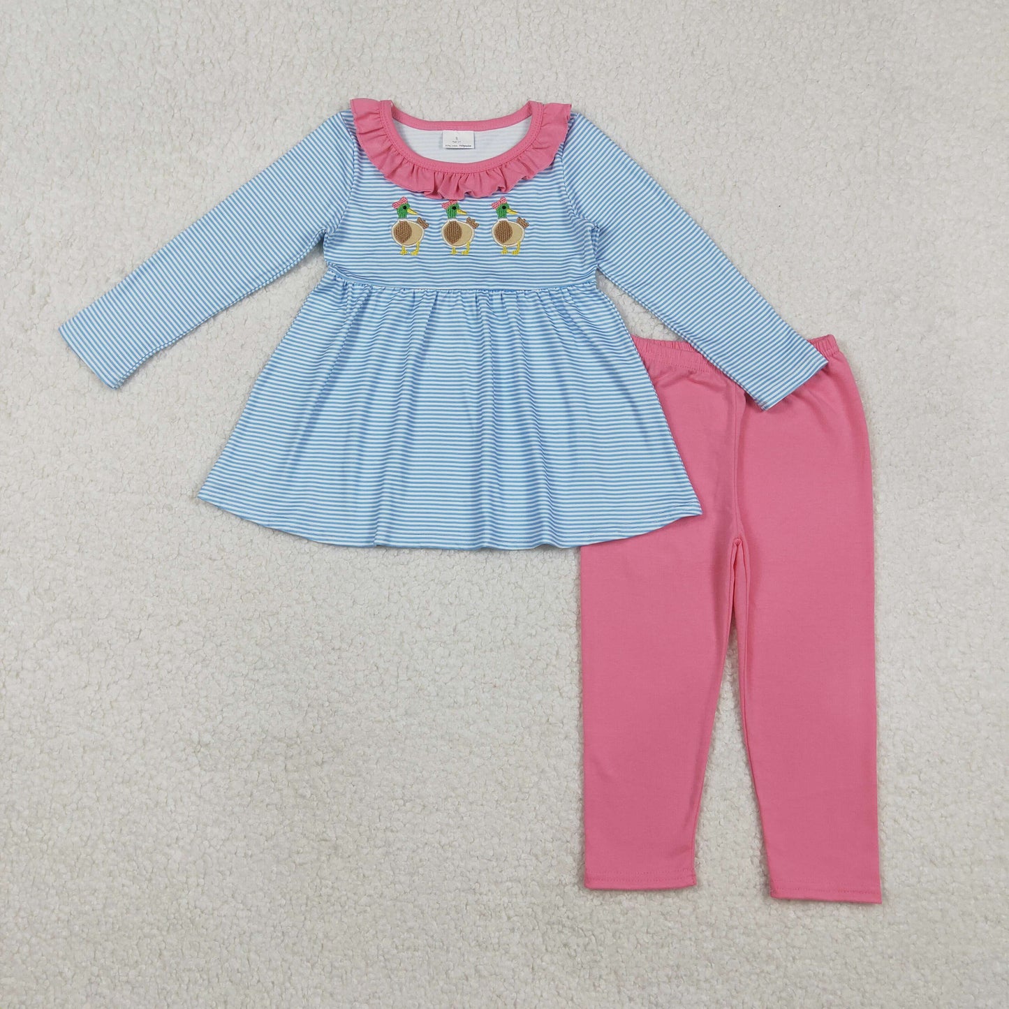 RTS NO MOQ（In Stock) Embroidered Duck Blue Striped Rose Red Lace Long-Sleeved Pants Set