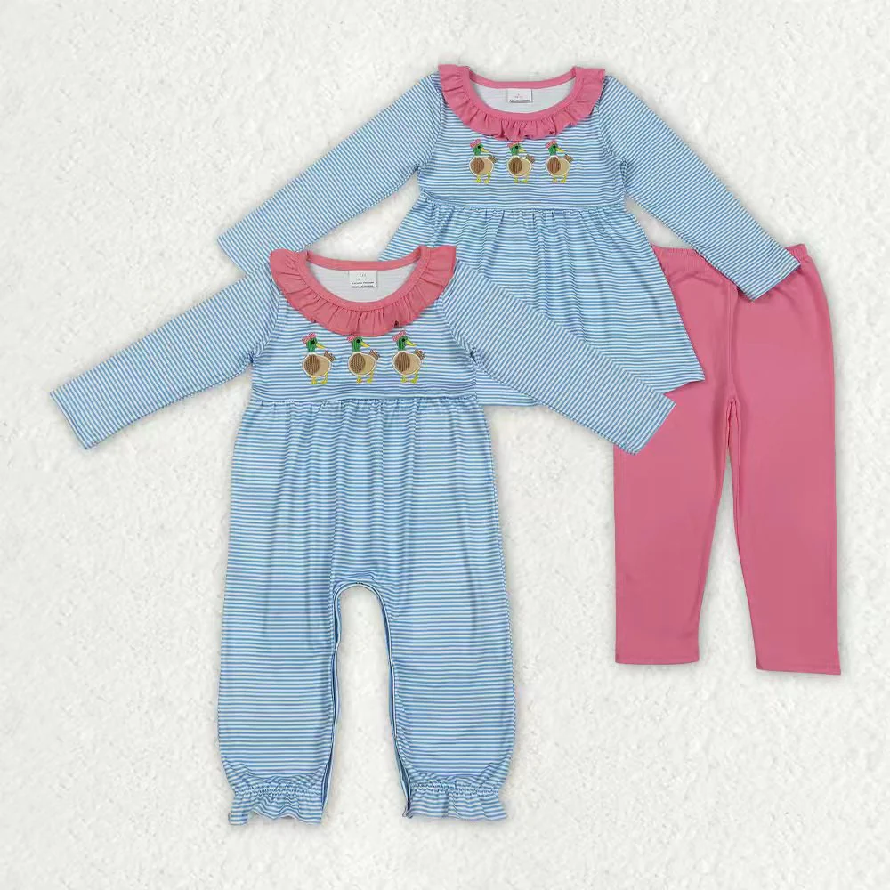RTS NO MOQ sibling baby girls clothes embroidery duck long sleeve Clothes Sets and romper