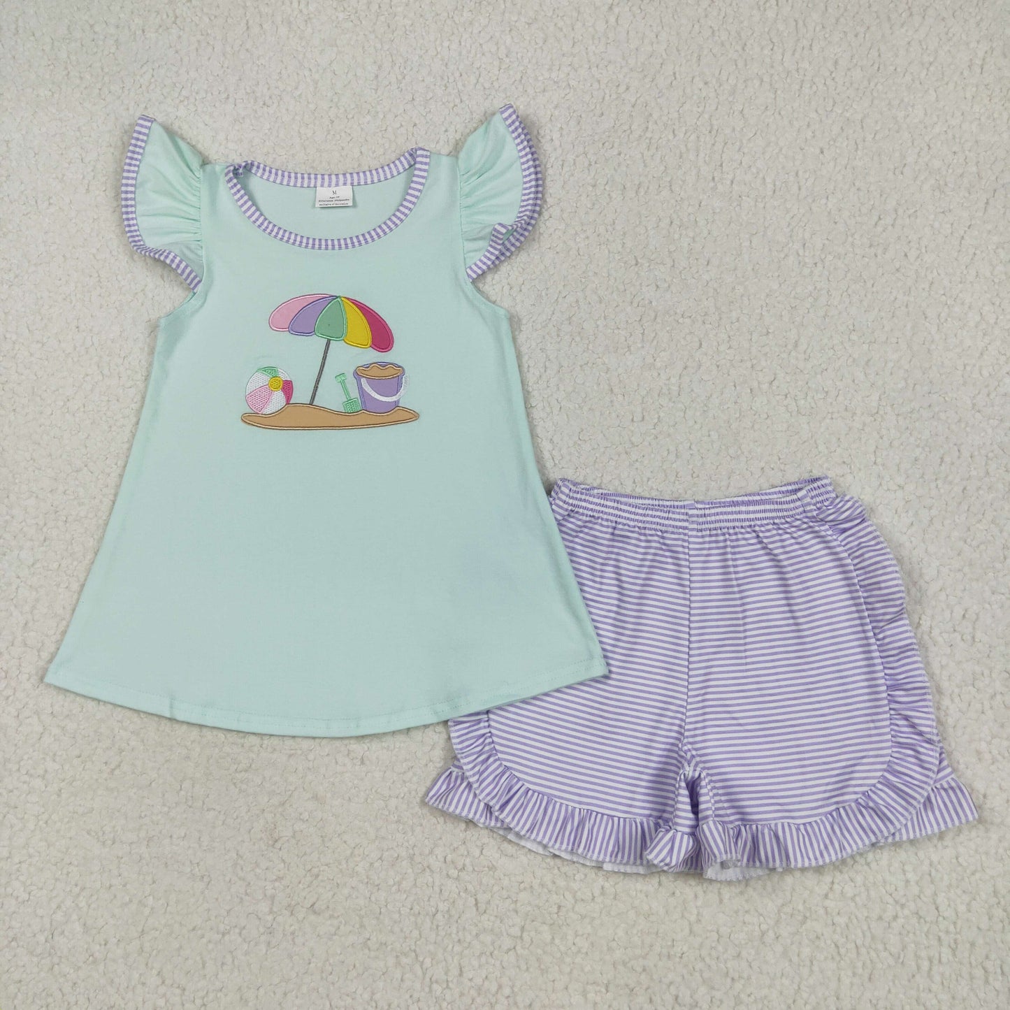 RTS NO MOQ GSSO2553 Embroidered beach ball parasol flying sleeve purple striped shorts set