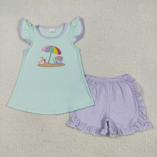 RTS NO MOQ GSSO2553 Embroidered beach ball parasol flying sleeve purple striped shorts set