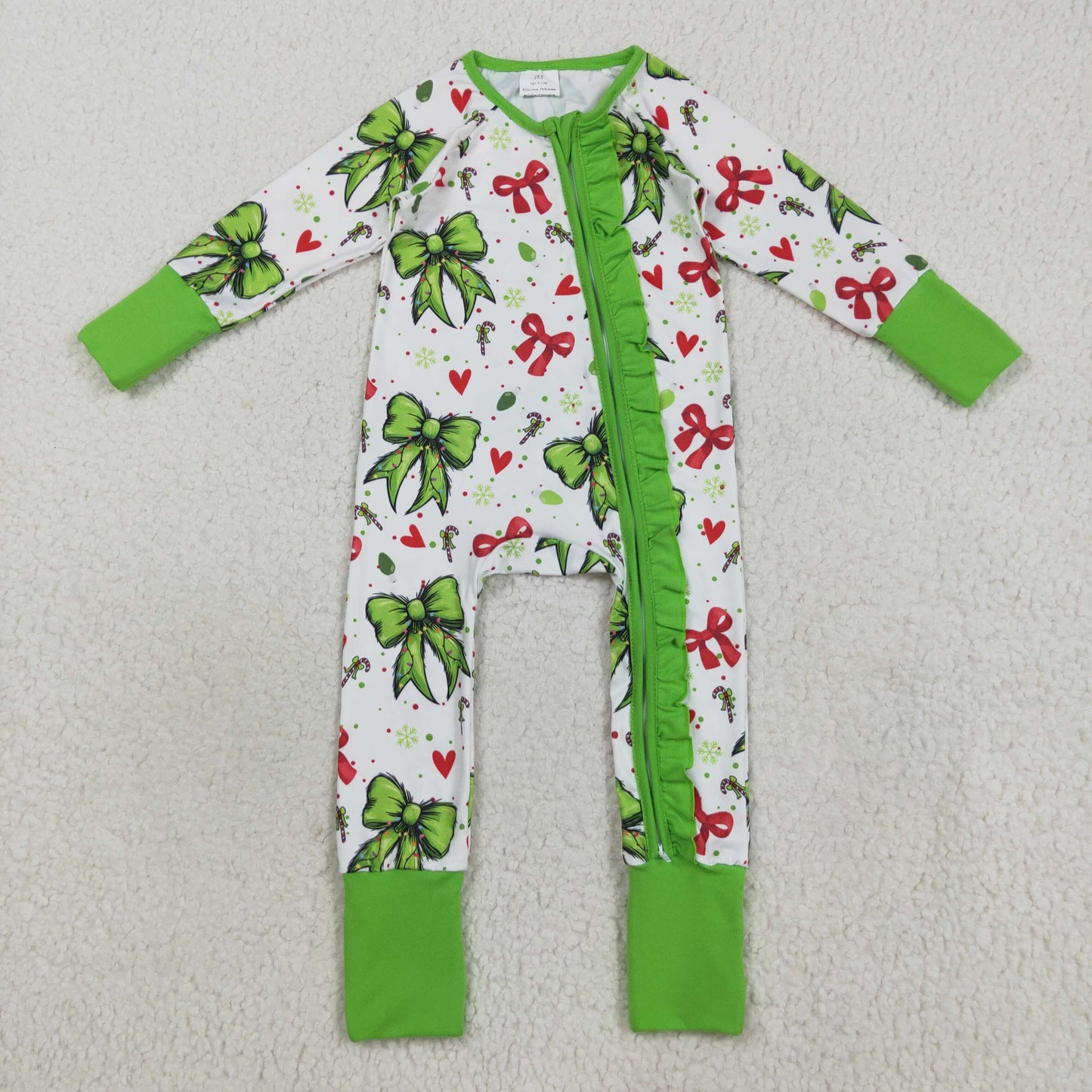 RTS NO MOQ（In Stock) LR2482 White long-sleeved zip-up bodysuit with red and green Christmas heart and bow pattern