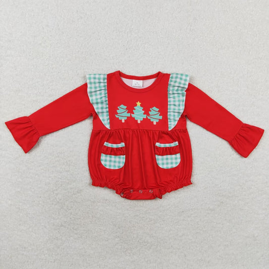 rts no moq LR1161 Christmas Tree Green Plaid Lace Pocket Red Long Sleeve Bodysuit