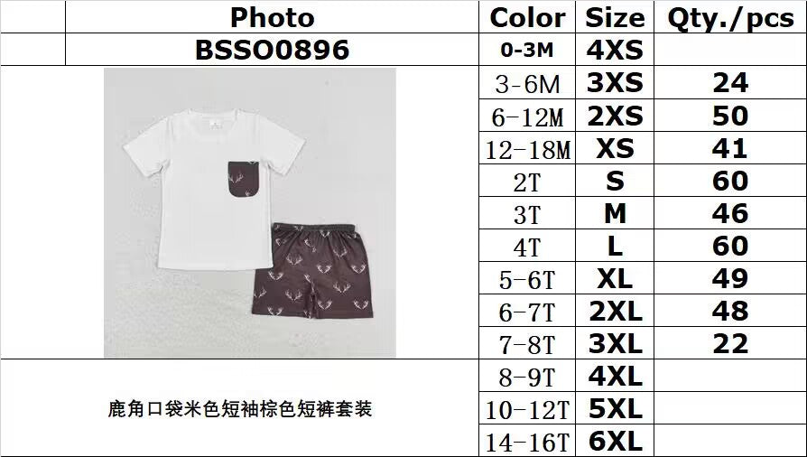 rts no moq BSSO0896 Antler Pocket Beige Short Sleeve Brown Shorts Set