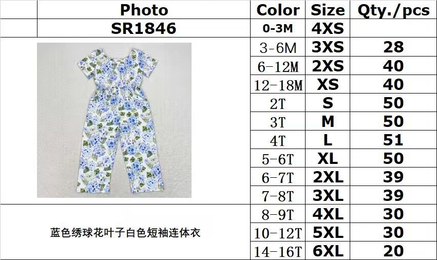 rts no moq SR1846 Blue hydrangea leaves white short-sleeved jumpsuit