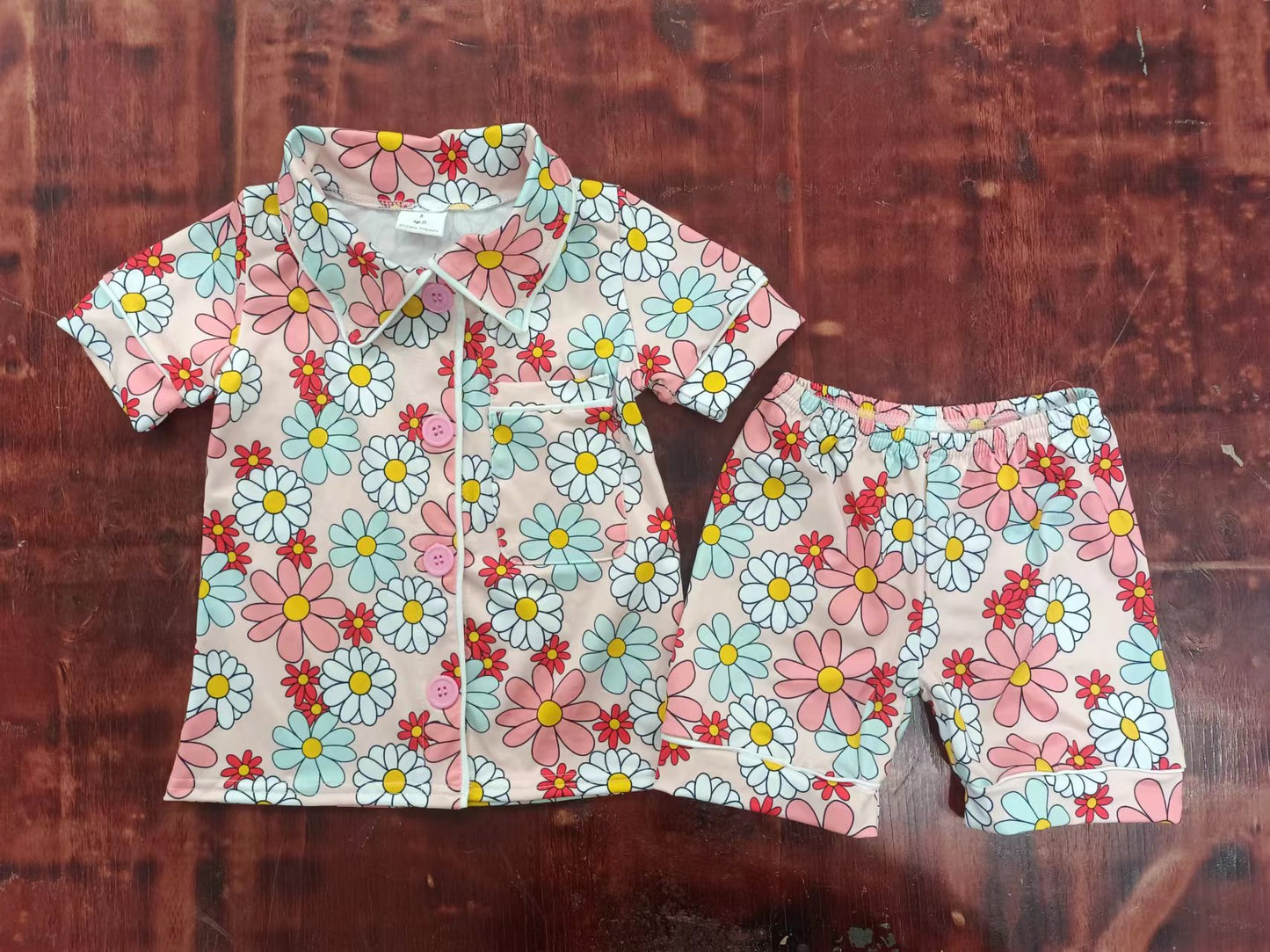 custom moq 5 eta 5weeks mix size Summer girls floral short sleeve shorts pajamas suit