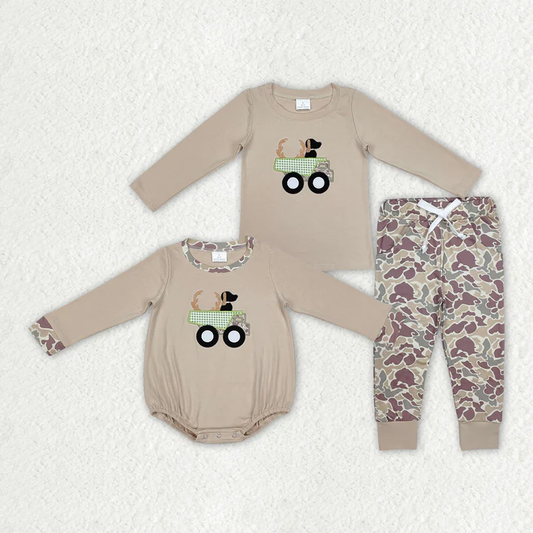RTS NO MOQ Baby Boys Khaki Deerhorn Puppy Long Sleeve Cropped Romper and Long Sleeve Pants Set