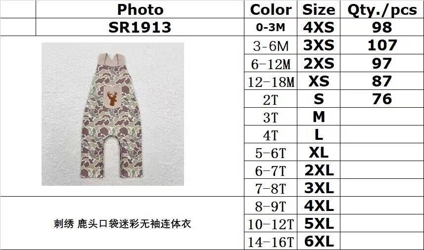 RTS no moq SR1913 Embroidered deer head pocket camouflage sleeveless jumpsuit