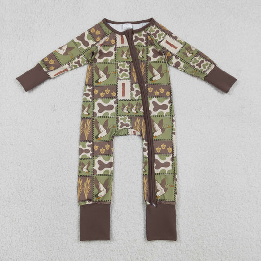 RTS NO MOQ（In Stock ) LR2949 Duck Camouflage Check Zipper Long-Sleeve Jumpsuit