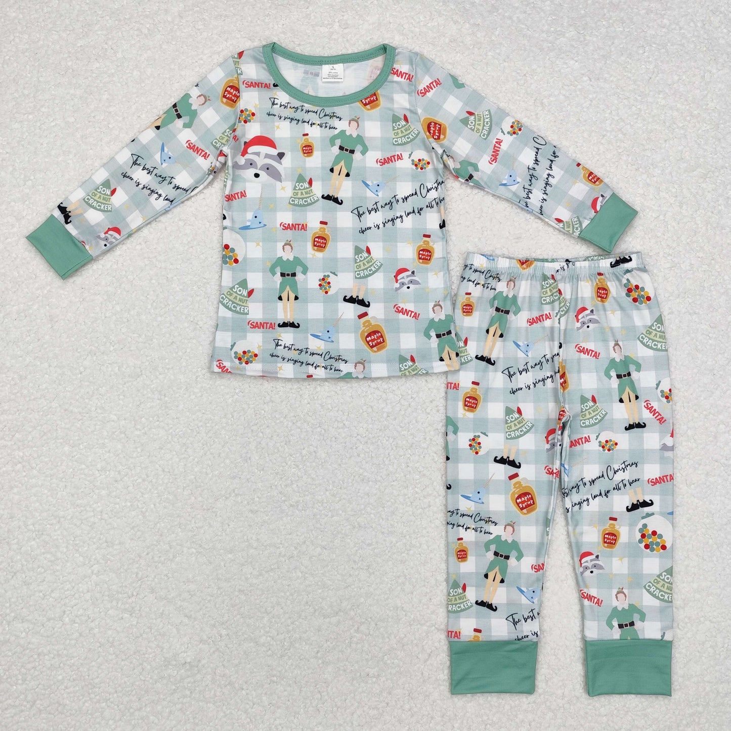 BAMBOO RTS NO MOQ ETA 5/7days BLP0804 Modal Christmas elf green plaid long sleeve long pants pajama set