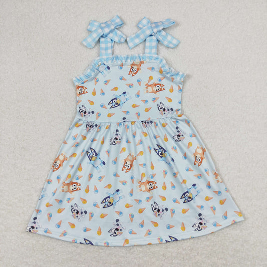 GSD0866 bluey ice cream blue plaid lace bow suspender dress