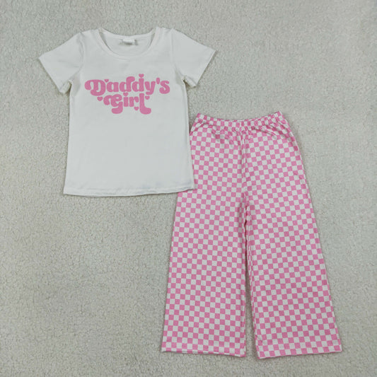 RTS NO MOQ（In Stock) GT1566+P1018 Daddy's Girl Letter White Short-Sleeved Top Pink Plaid Pants-GSPO2257
