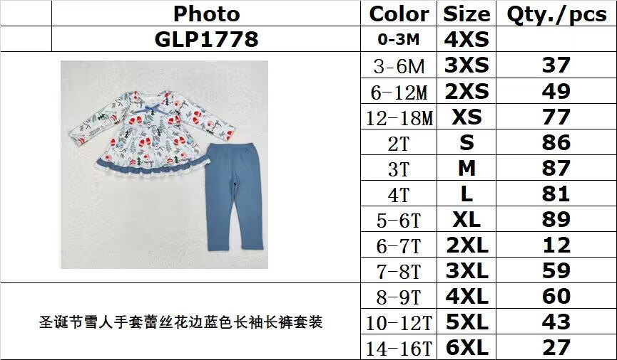 RTS NO MOQ ETA 5/7days Arrived GLP1778 Christmas snowman gloves lace blue long-sleeved trousers set